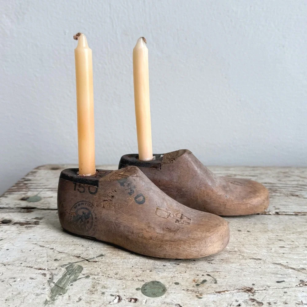 Vintage Wooden Child Shoe Last Candle Holders Cobbler Form Set Morton 150 4.5D